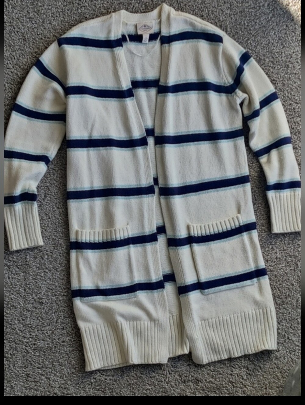 St John's Bay Navy Stripe White Open-Front Long Cardigan Sweater - Picture 8 of 8